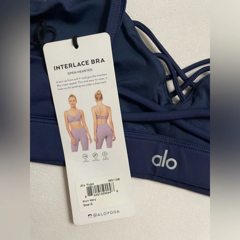 NWT Alo Yoga Interlace Sports Bra Navy Blue Size S